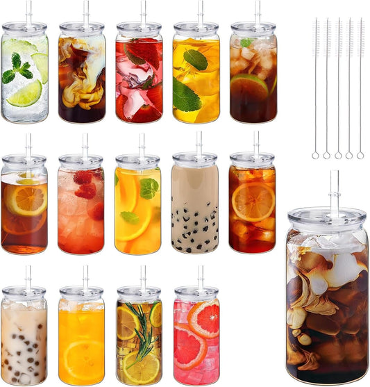 TANEMUDO 14 Pack Acrylic Mason Jars with Lids and Straws 16 oz Iced Coffee Tumbler Water Bottles Plastic Drinking Cups for Milk Juice Beverage Beer (Clear)