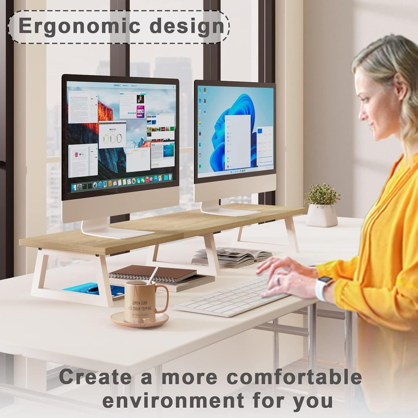 TEAMIX 42 inch Large Dual Monitor Riser, Extra Long Monitor Stand Riser Wide TV Stand Riser Monitor Stand for 2 Monitors Wood & Steel Desktop Riser Desk Organization Home Office