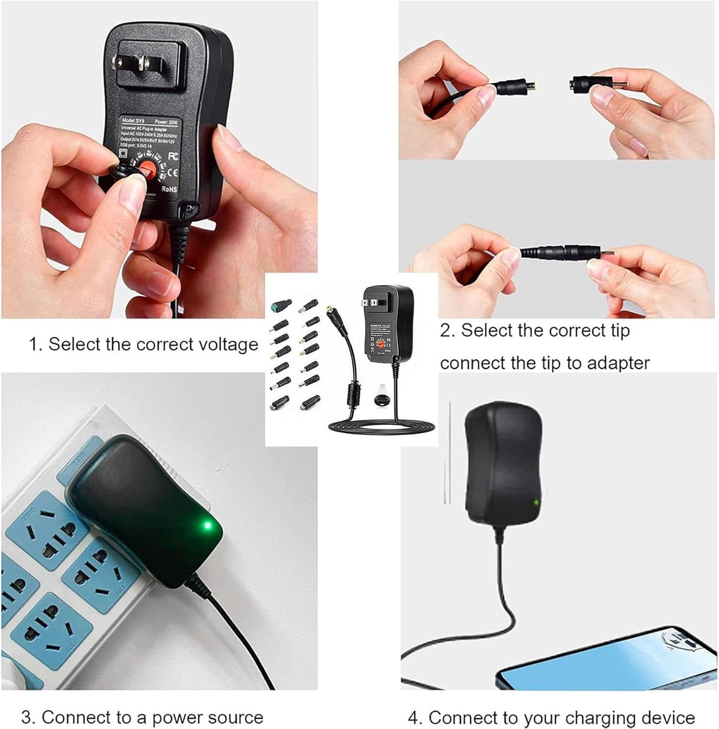 16 Pcs Universal Power Adapter, 3V 4.5V 5V 6V 7.5V 9V 12V Universal AC/DC Adapter,Ac Adapter 12V Adjustable Voltage Universal AC/DC Adapter Power Supply for Household Electronics, 30W