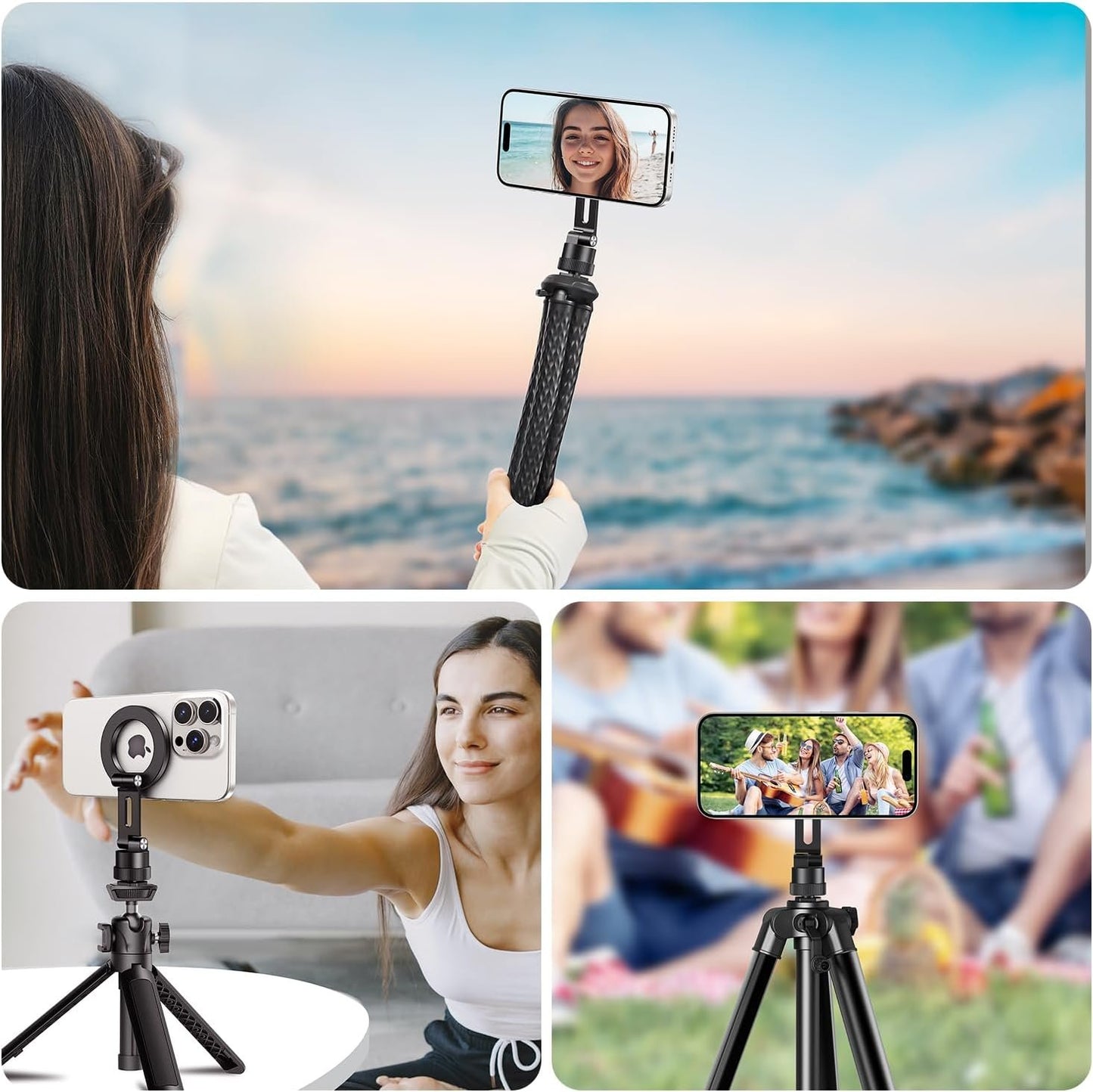 elitehood Aluminum Magnetic Phone Tripod Mount Adapter for MagSafe iPhone 15/14/13 Series with 1/4” Screw & Cold Shoe, Dual 180° Tilt Phone Mount for Portable Electronic Devices