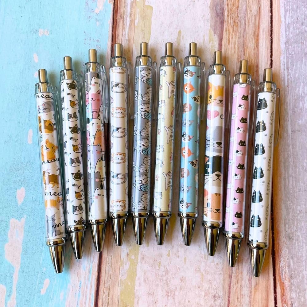 10PC Cat Ink Pens Set Cute Kawaii Funny Cats Kitty Themed Paw Ballpoint Gel Pen School Stationary Notebook Diary For Women Lovers Office Worker Supplies Stuff Clipboard Decor Desk Accessories Gifts
