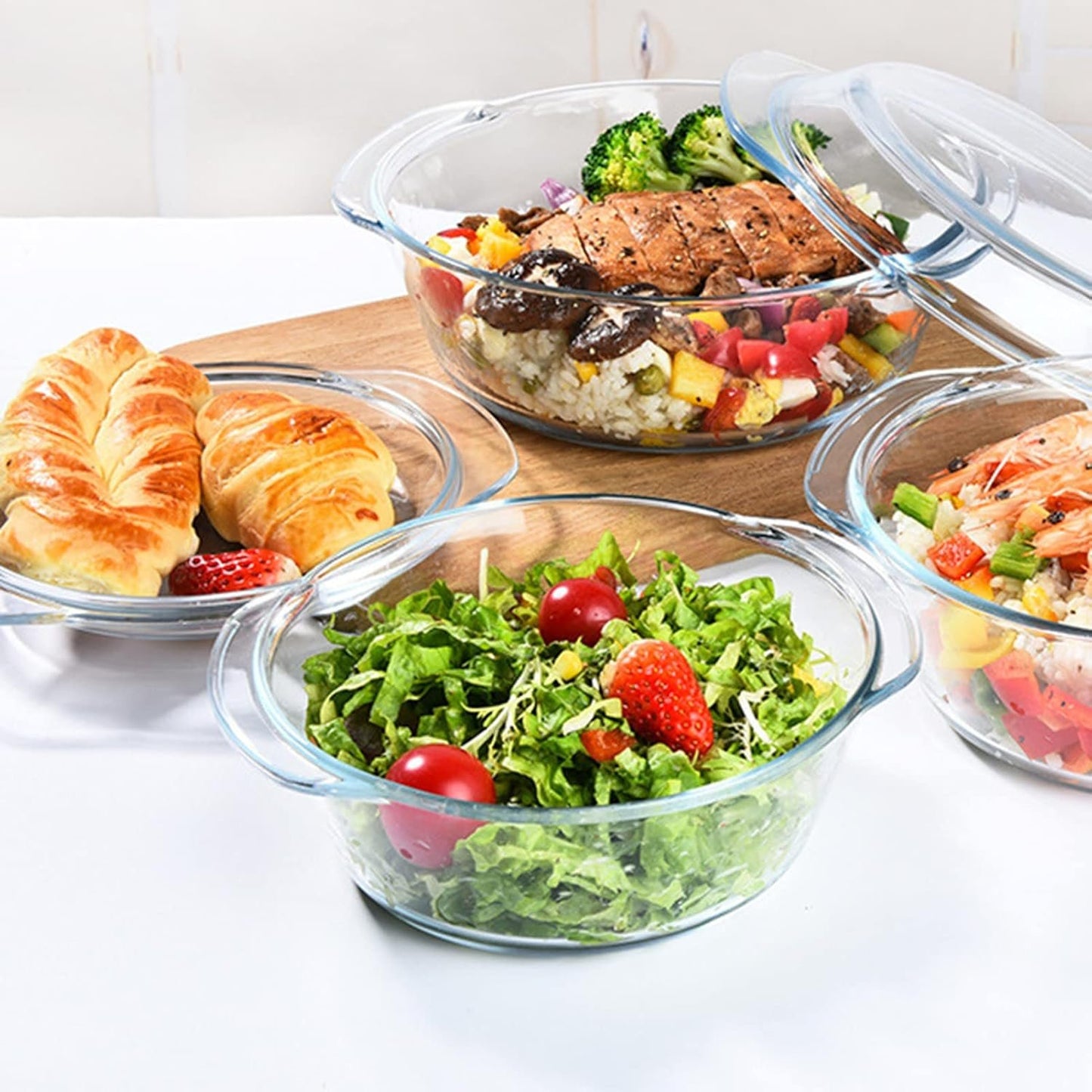 Mapeoes Casserole Baking Dish with 2 pcs for Oven, 1 QT large,Round with Handle and Glass Lid, Borosilicate Glass, Oven Microwave Dishwasher freezer safe,Cookware Bowl,Clear
