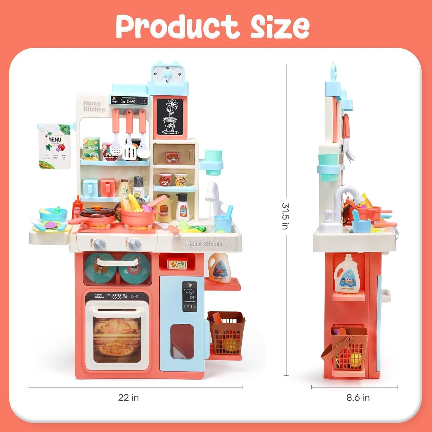 CUTE STONE Pretend Play Kitchen, Water Sink, Stove with Steam&Light&Sound, 63PCS Toy Kitchen Accessories with Toy Food, Pots, Utensils, Kids Kitchen Play Set, Ideal Gift for Boys Girls Toddlers(Pink)