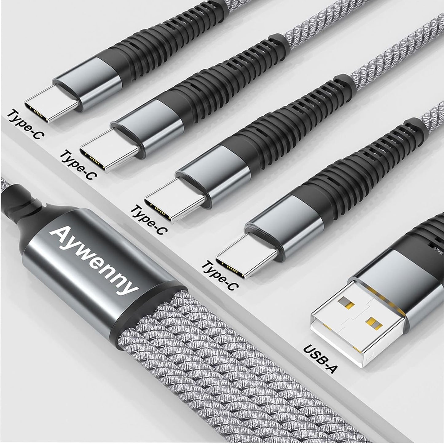 Aywenny Multi Charging Cable 2Pack 4FT Nylon Braided Universal 4 in 1 Multiple USB Cable 3A,with 4 USB-C Port Adapter,Compatible with Cell Phones Tablets Universal Use for Galaxy S22 S20 S9 (Grey)