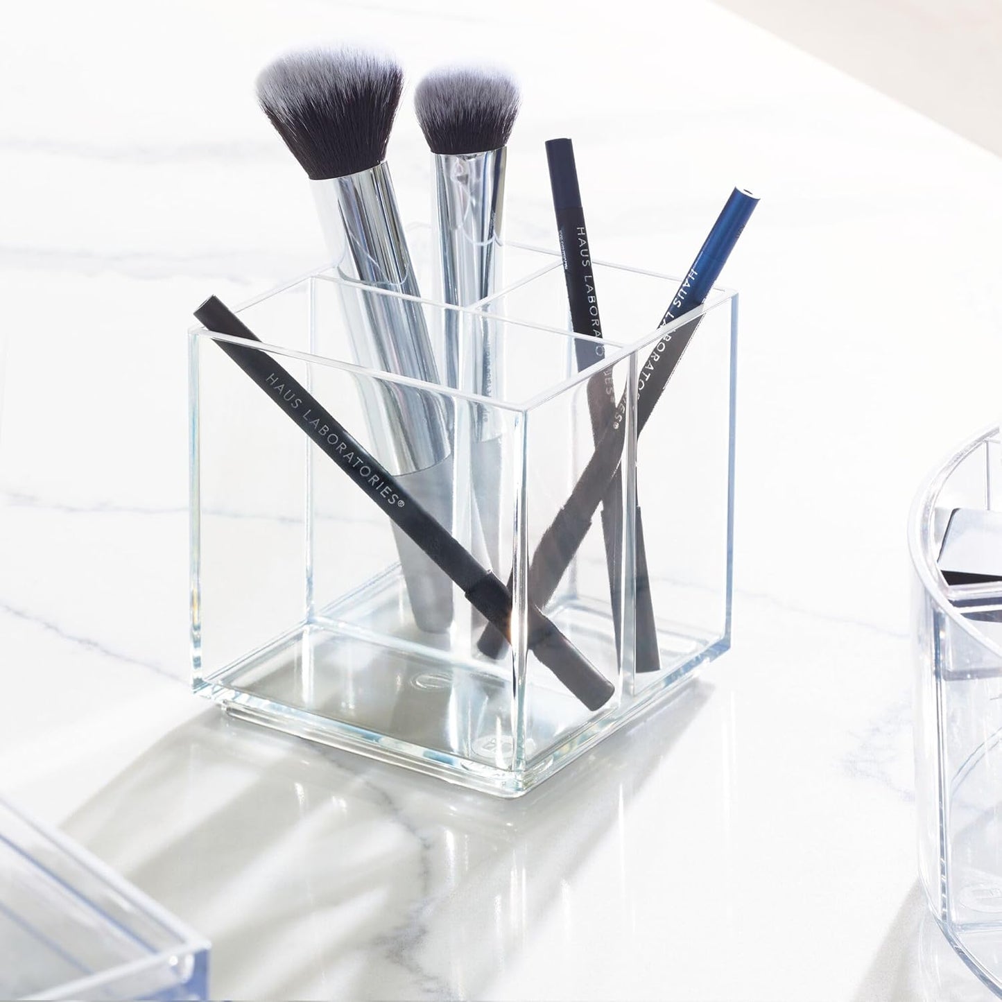 iDesign The Collection Makeups, 3 Compartments Bathroom Organizer from Sarah Tanno Signed Collection, Plastic Makeup Brush Holder for Pencils and Eyeliners, Transparent, 10.5 x 10.5 x 10.6 cm