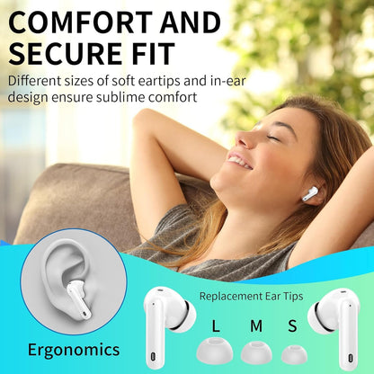 Wireless Earbuds, Bluetooth Headphones 5.4 HiFi Stereo, Wireless Earphones with ENC Noise Cancelling Mic, IP7 Waterproof in Ear Headphones, LED Digital Display Ear Buds, Touch Control, White
