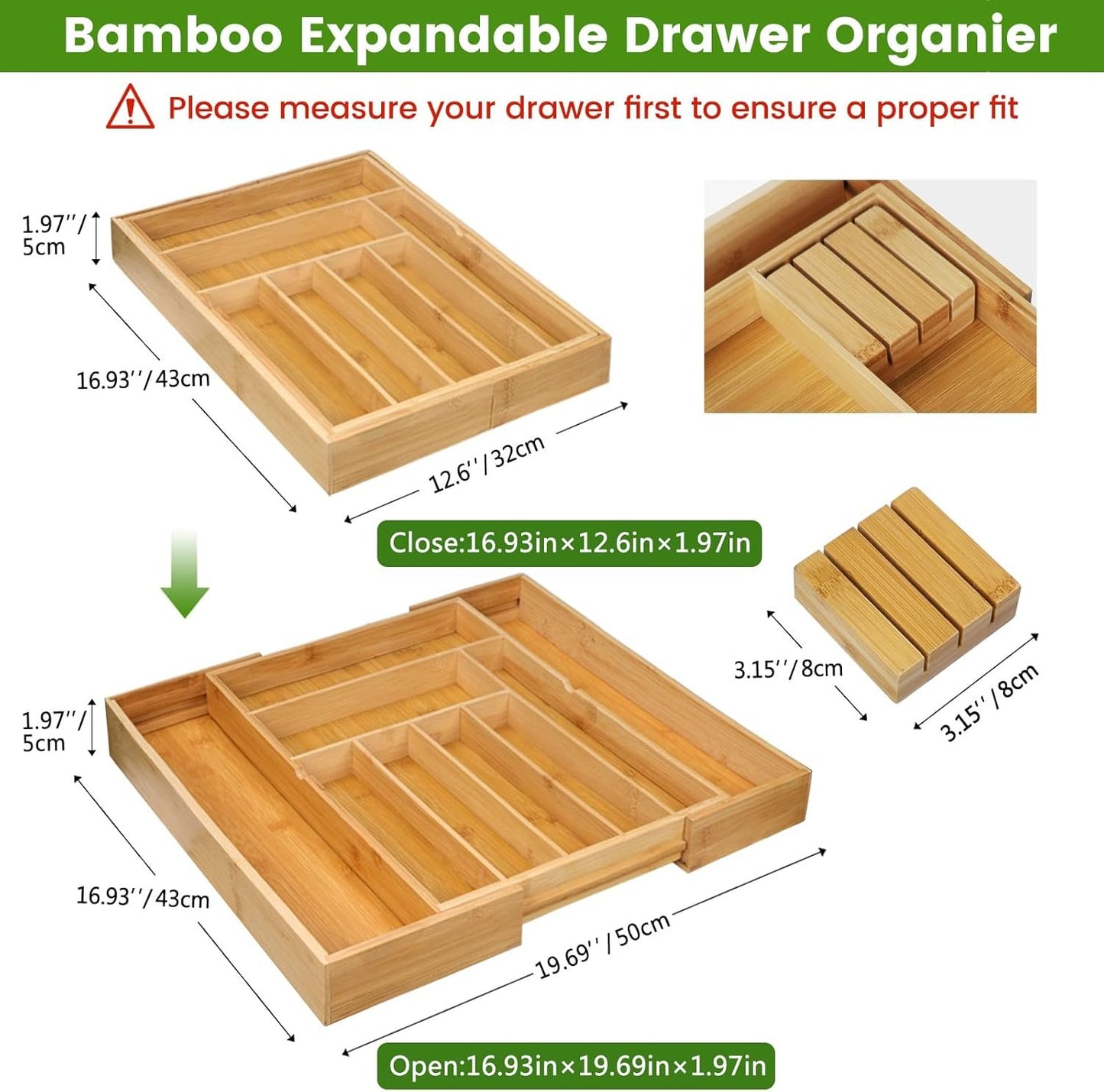 Expandable Cutlery Organizer, 7-9 Slot Bamboo Utensil Drawer Organizer with 2 Removable Knife Blocks, Adjustable Wooden Cutlery Tray Holder Kitchen Drawer Organizer for Silverware, Flatware