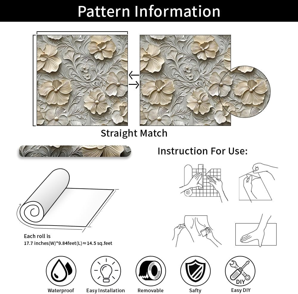 COKCOKR 3D Floral Peel and Stick Wallpaper,17.71"x236.2" Grain Floral and Leaves Self Adhesive Removable Texture Wallpaper for Bedroom Renter Friendly Contact Paper for Bedroom Bathroom Shelf Liner