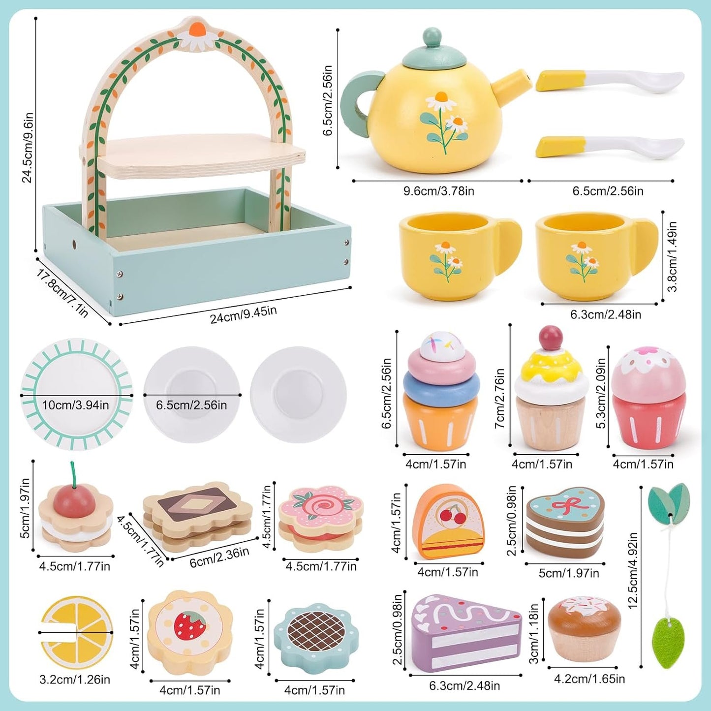 Wooden Tea Party Set for Little Girls, Tea Set Toddler Girl Toys, Pretend Play Tea Sets for Toddlers 3-5, Wooden Toys with Cupcake Stand & Play Kitchen Accessories for 3 4 5 6 Years Old Gifts