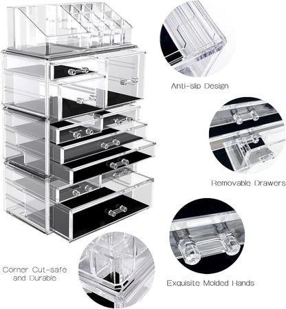 DILIBRA Acrylic Makeup Organizer, Stackable Clear Cosmetic Display Case with 10 Drawers, Large Skin Care Storage Organizer Display Box for Jewelry Hair Accessories Vanity Bathroom Counter Dresser