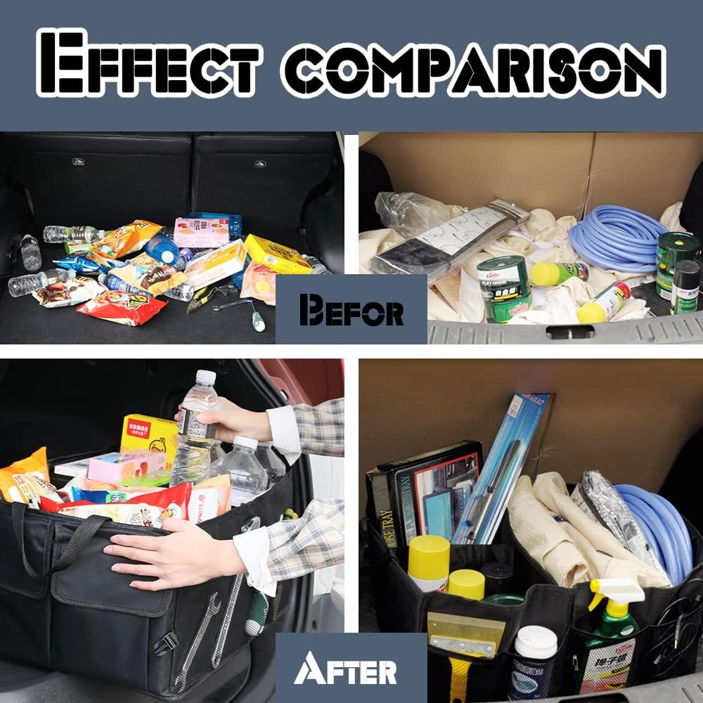 Mearo Trunk Organizer, Foldable & Waterproof Multi Compartment Car Storage, Black