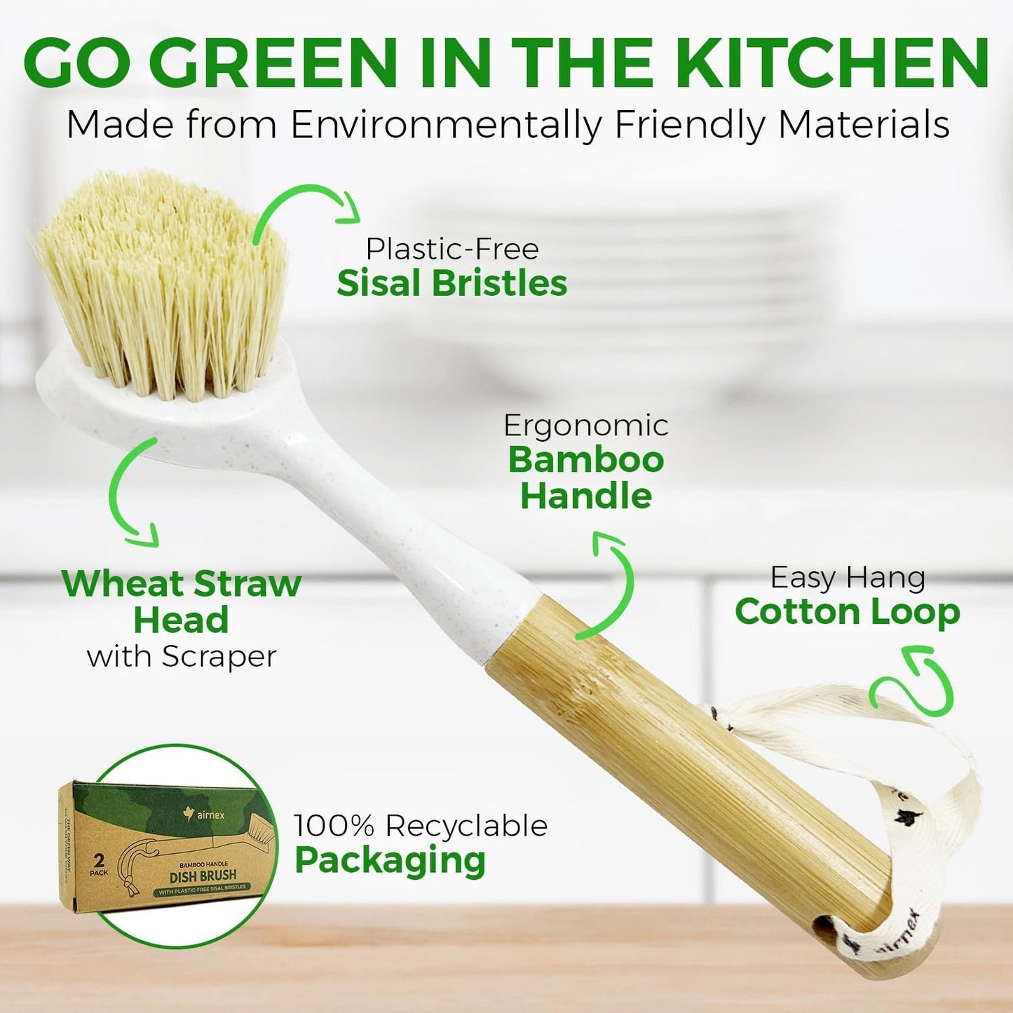 AIRNEX Bamboo Dish Brush with Handle Pack of 2 - Natural Dish Scrub Brush Brosse Vaisselle - Plastic-Free Sisal Bristles Kitchen Dish Scrubber - Odour Free Wooden Dish Brush for Pots, Pans and Sink