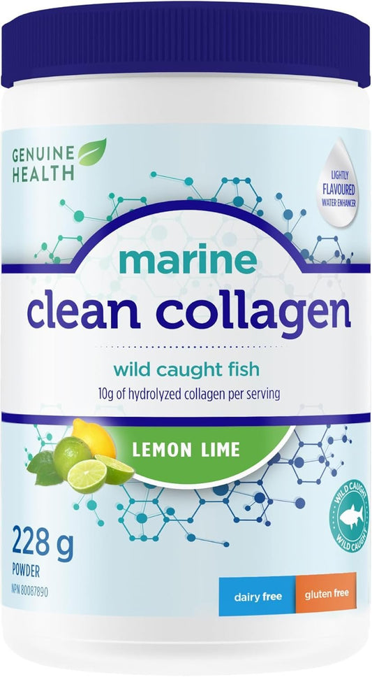 Genuine Health Marine Clean Collagen Powder, 228g tub, 10g collagen per serving, Natural joint, skin, hair, nail support, Lemon-lime flavour, Dairy & gluten-free, Wild-caught, Non-GMO, Keto & paleo-friendly