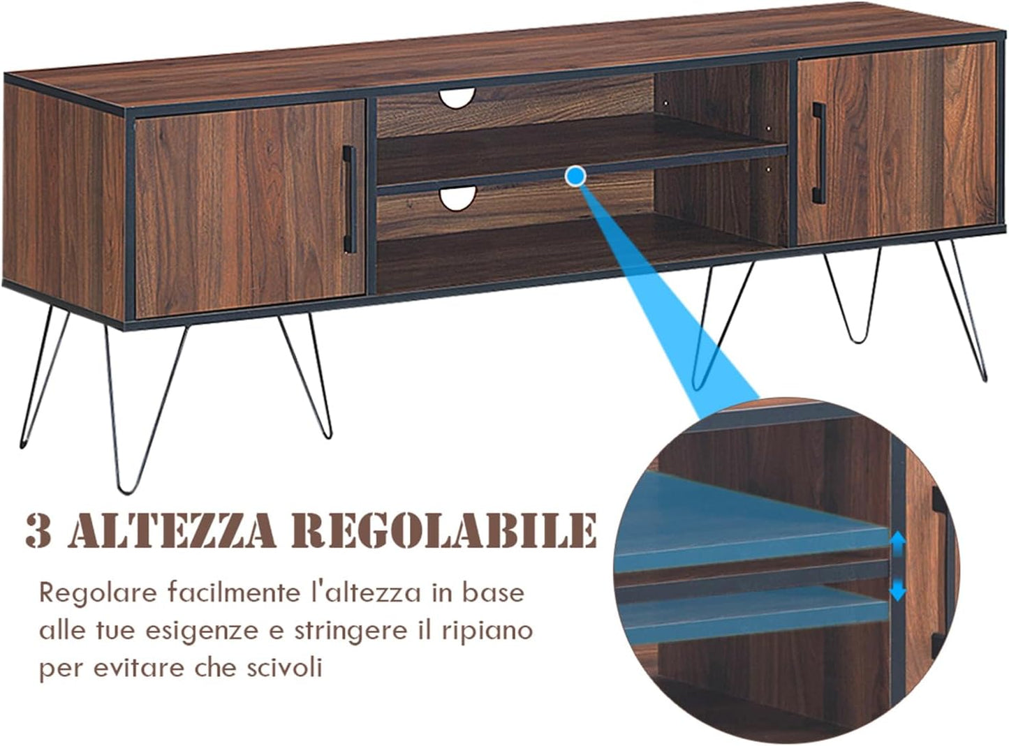 COSTWAY TV Stand Up to 60", TV Stand with 2 Doors, Cable Holes and Adjustable Shelf, TV Stand with Metal Legs for Living Room, Bedroom, 150 x 39 x 56 cm, Mrrone