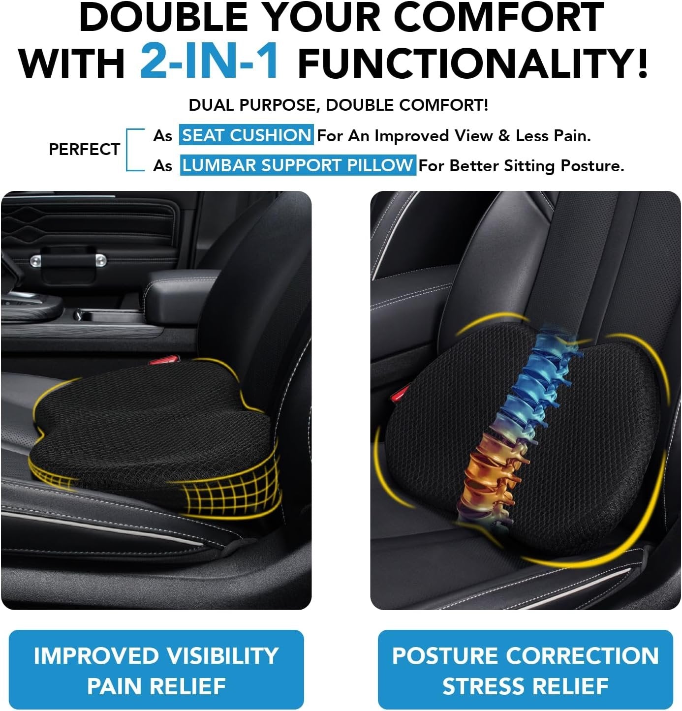kingphenix Wedge Car Seat Cushion: Memory Foam Truck Seat Cushion for Car Seat Driver - Sciatica and Back Pain Relief - Suit for Car, Office Chair - Black