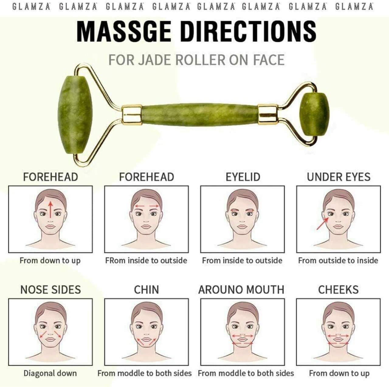 Jade Face Roller - GLAMZA Double Ended Facial Roller - Stimulates Lymphatic Drainage, Improving Skin-tone & Reducing Fine Lines & Wrinkles