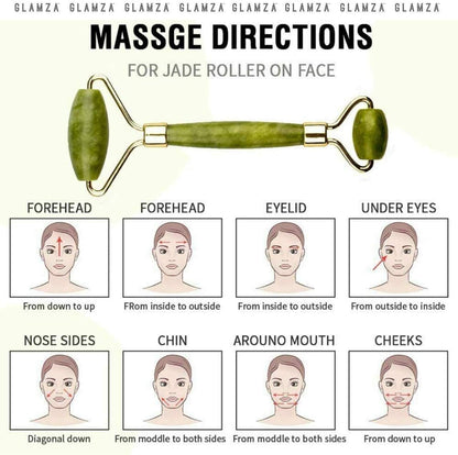 Jade Face Roller - GLAMZA Double Ended Facial Roller - Stimulates Lymphatic Drainage, Improving Skin-tone & Reducing Fine Lines & Wrinkles
