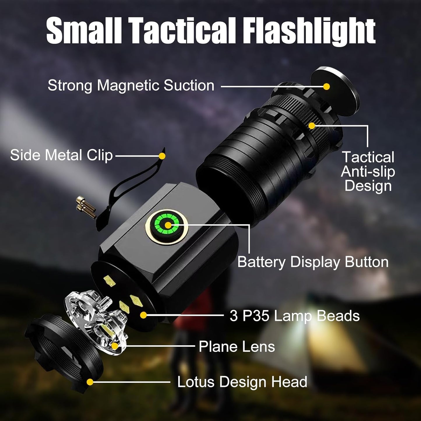 Magnetic Rechargeable Flashlight,Bonlaer USB C Rechargeable Small LED Flashlight with Clip,IPX6 Waterproof Tactical Pocket Flashlights for Hiking,Camping,Emergency