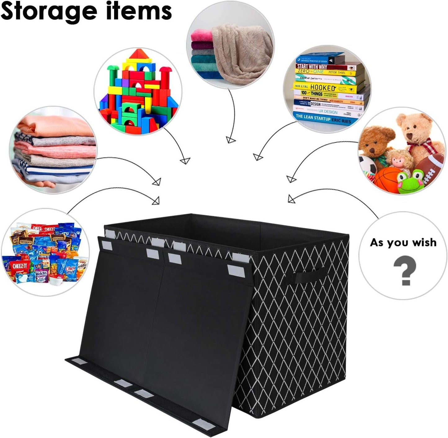 Toy Chest Box Organizer Bins for Boys Girls, Kids Large Collapsible Storage Box Container Sturdy with Fabric Flip-Top Lid & Handles for Clothes, Blanket, Nursery, Playroom, Bedroom, (Black)