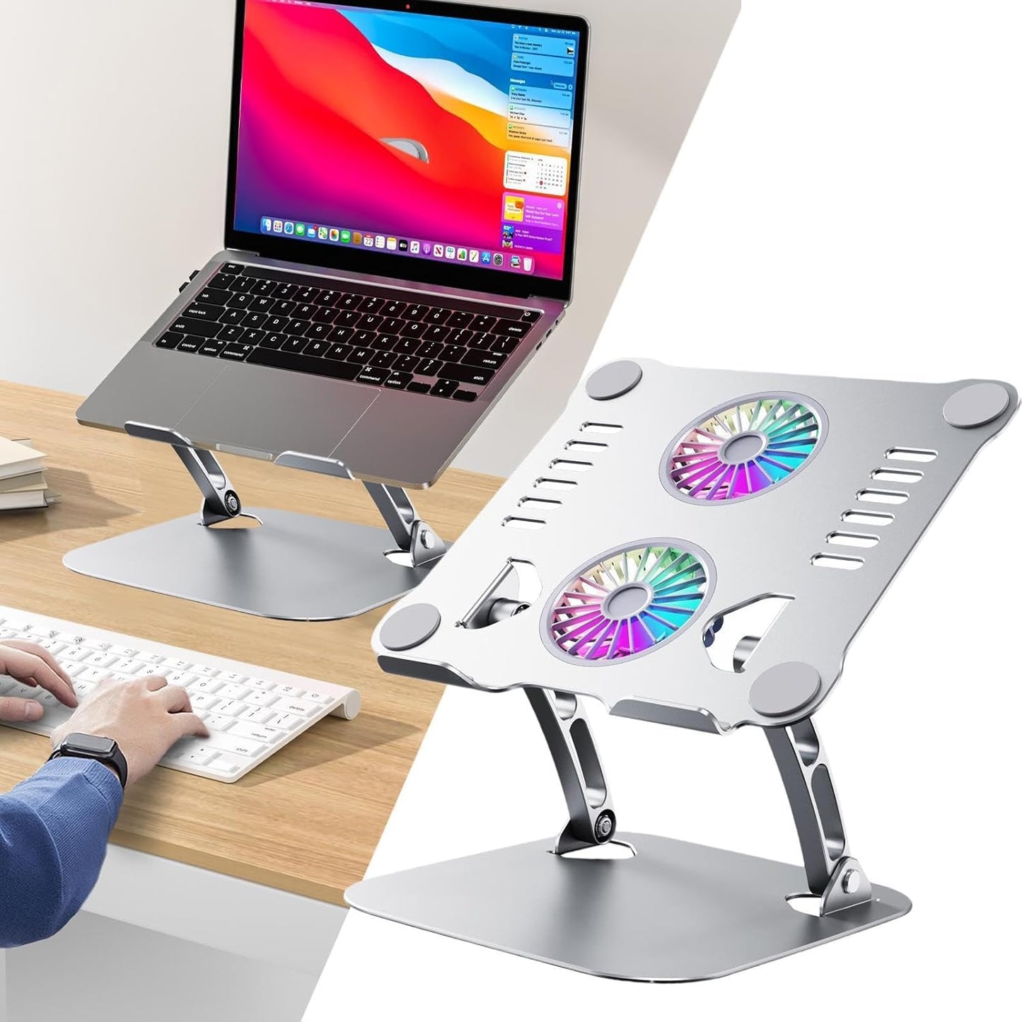 Laptop Cooling Pad, Lifting Laptop Metal Cooling Pad, Adjustable Height Laptop Stand with Double Fan, Ergonomic Foldable Laptop Cooling Pad for Desk Table
