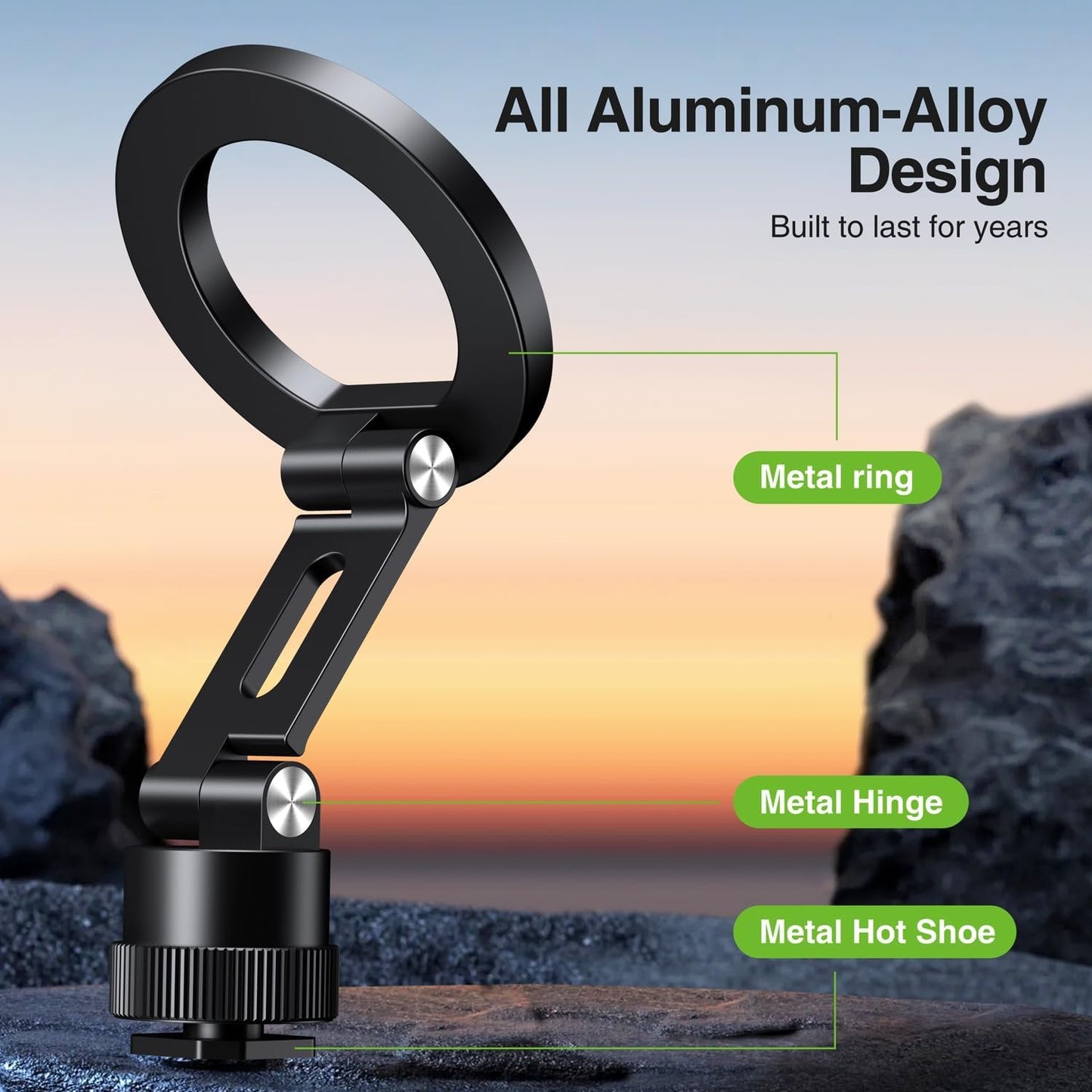 elitehood Aluminum Magnetic Phone Tripod Mount Adapter for MagSafe iPhone 15/14/13 Series with 1/4” Screw & Cold Shoe, Dual 180° Tilt Phone Mount for Portable Electronic Devices
