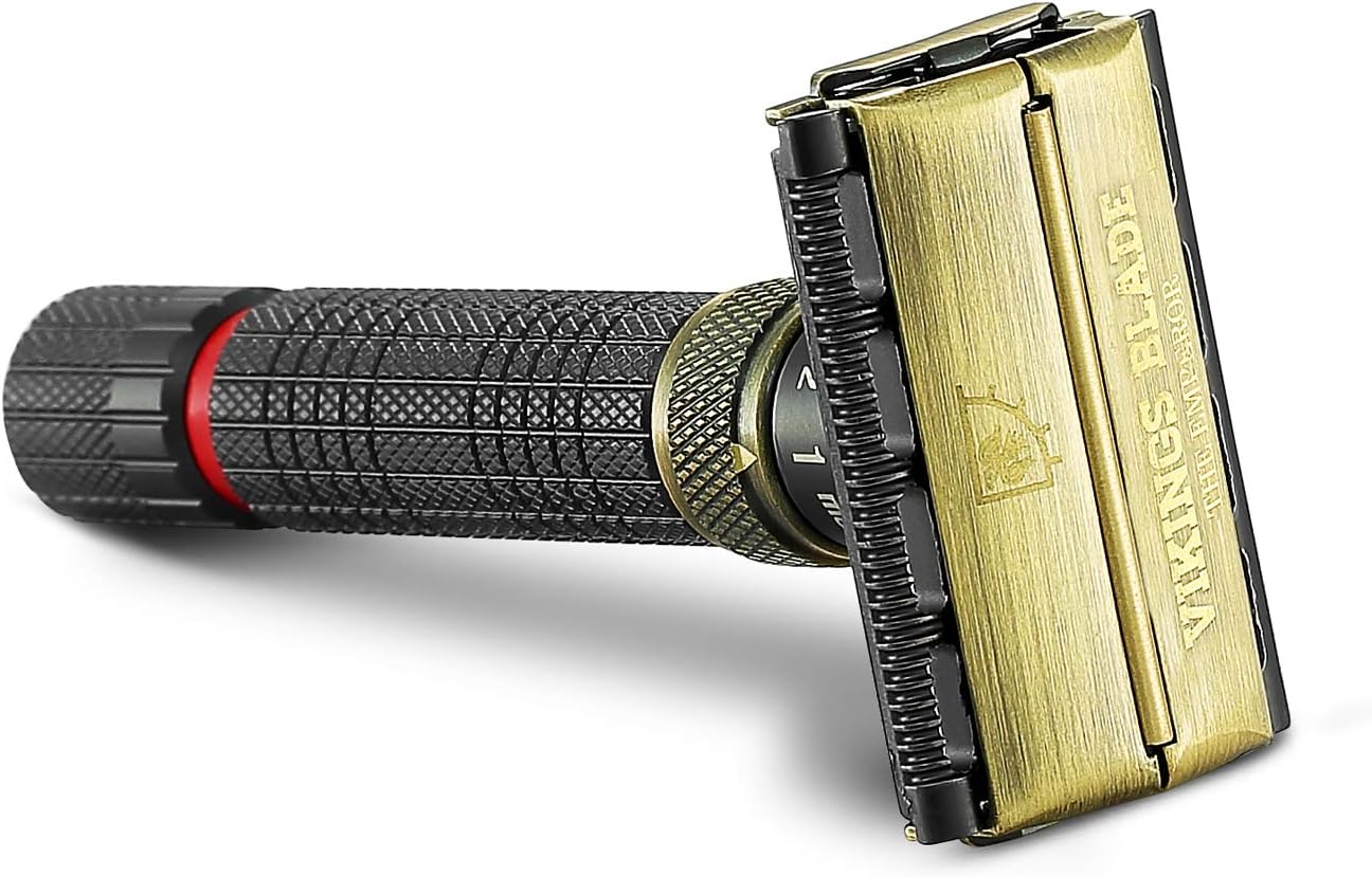 VIKINGS BLADE Adjustable Double Edge Safety Razor, The Emperor MEIJI by , Short & Fat Handle, Solid Brass, Butterfly Twist-To-Open, Eco Friendly, Luxury Case. Smooth, Close, Clean Shaving Razor