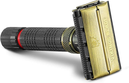 VIKINGS BLADE Adjustable Double Edge Safety Razor, The Emperor MEIJI by , Short & Fat Handle, Solid Brass, Butterfly Twist-To-Open, Eco Friendly, Luxury Case. Smooth, Close, Clean Shaving Razor
