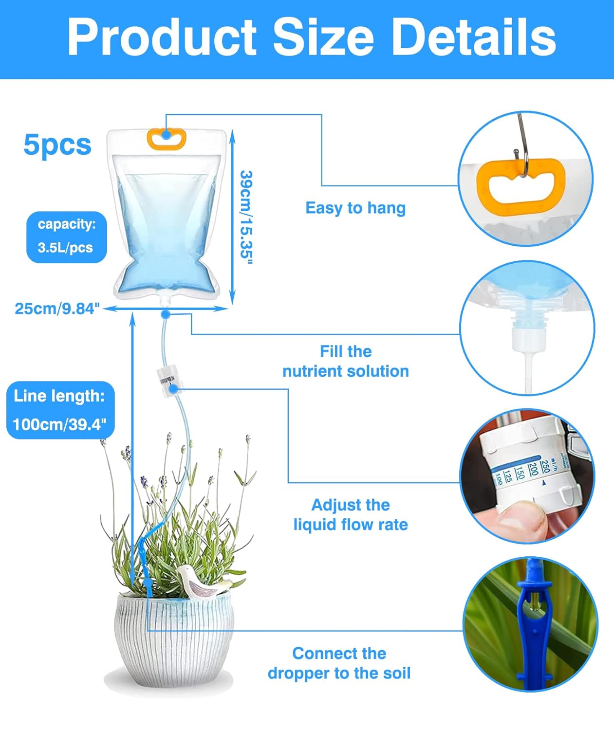 5 x 3.5L Drip Irrigation Bags with Adjustable Flow Automatic Plant Irrigation System Home Sprinkler Device for Indoor and Outdoor