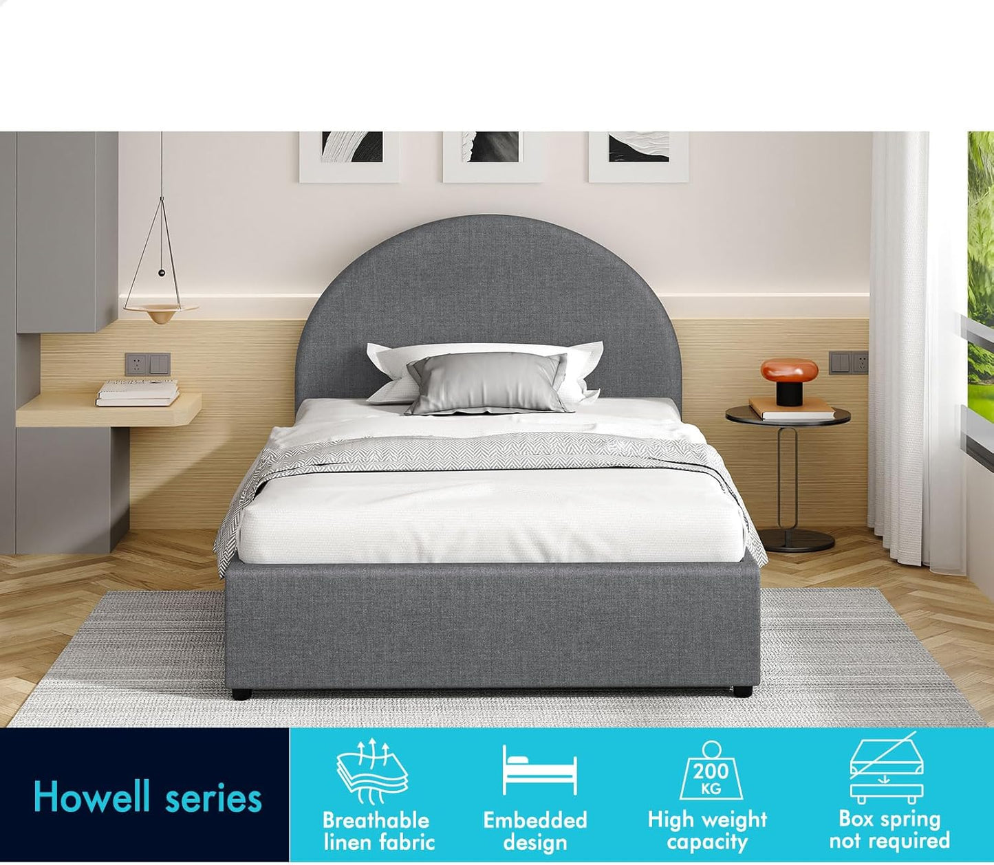 ALFORDSON Single Size Bed Frame with Padded Headboard, Gas Lift Bed Frame with Storage, Grey Fabric