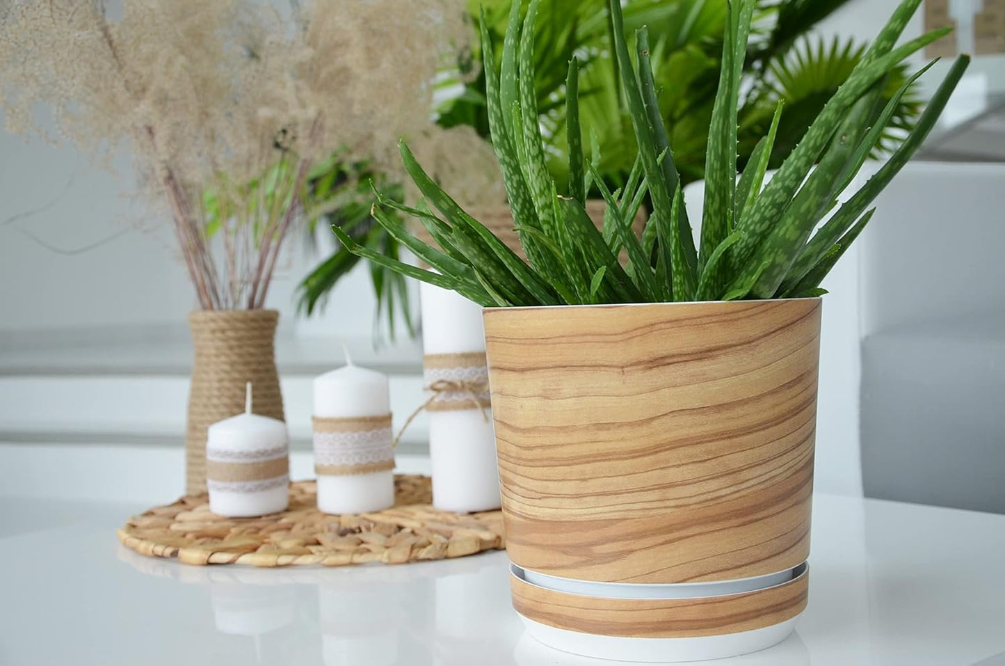KORAD Flower Pot with Integrated Coaster - Decoration 047 - Bamboo Diameter 12 cm - High Quality Plastic Plant Pot - Decorative Plant Pot with Drainage Holes