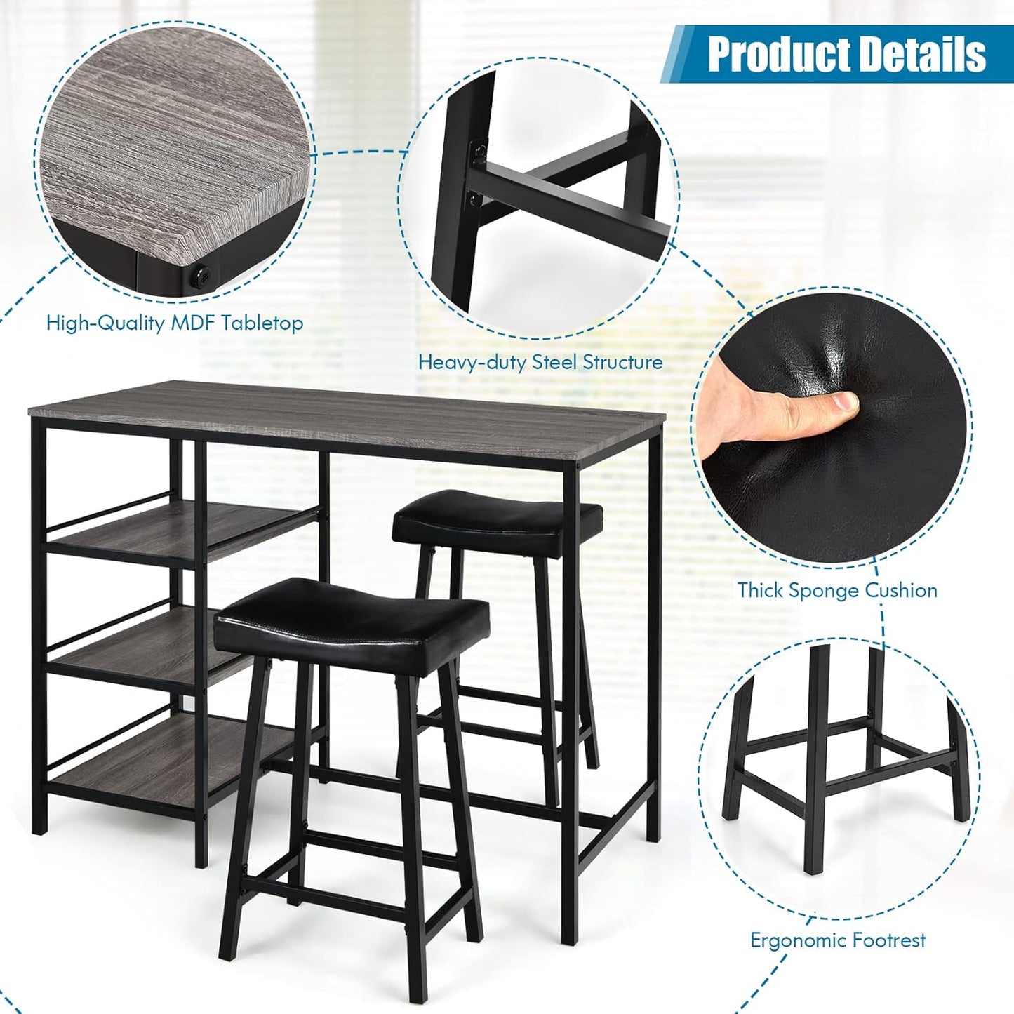Giantex 3-Piece Dining Table Set, Counter Height Table Set w/2 Bar Stools, Modern Industrial Bar Table Set w/3 Tier Storage Shelves, Iron Frame, Soft Cushion, Perfect for Home, Kitchen, Dining Room