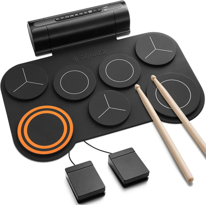 Donner Electronic Battery, 7 Pad Electric Roll-Up Battery, Silent Battery Built-in Speaker for Children/Beginners, 40 Drum Lessons Included (DED-20)