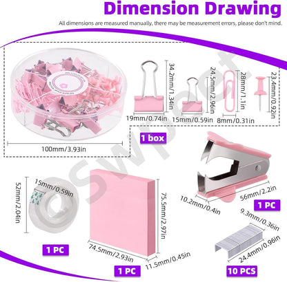 Swpeet 9Pcs Pink Office Supplies Kit, Desk Accessories Including Stapler, Tape Dispenser, Staple Remover, Tabs, Scissors, Staples, Tape, Clips and Sticky Note Ideal for Office and School