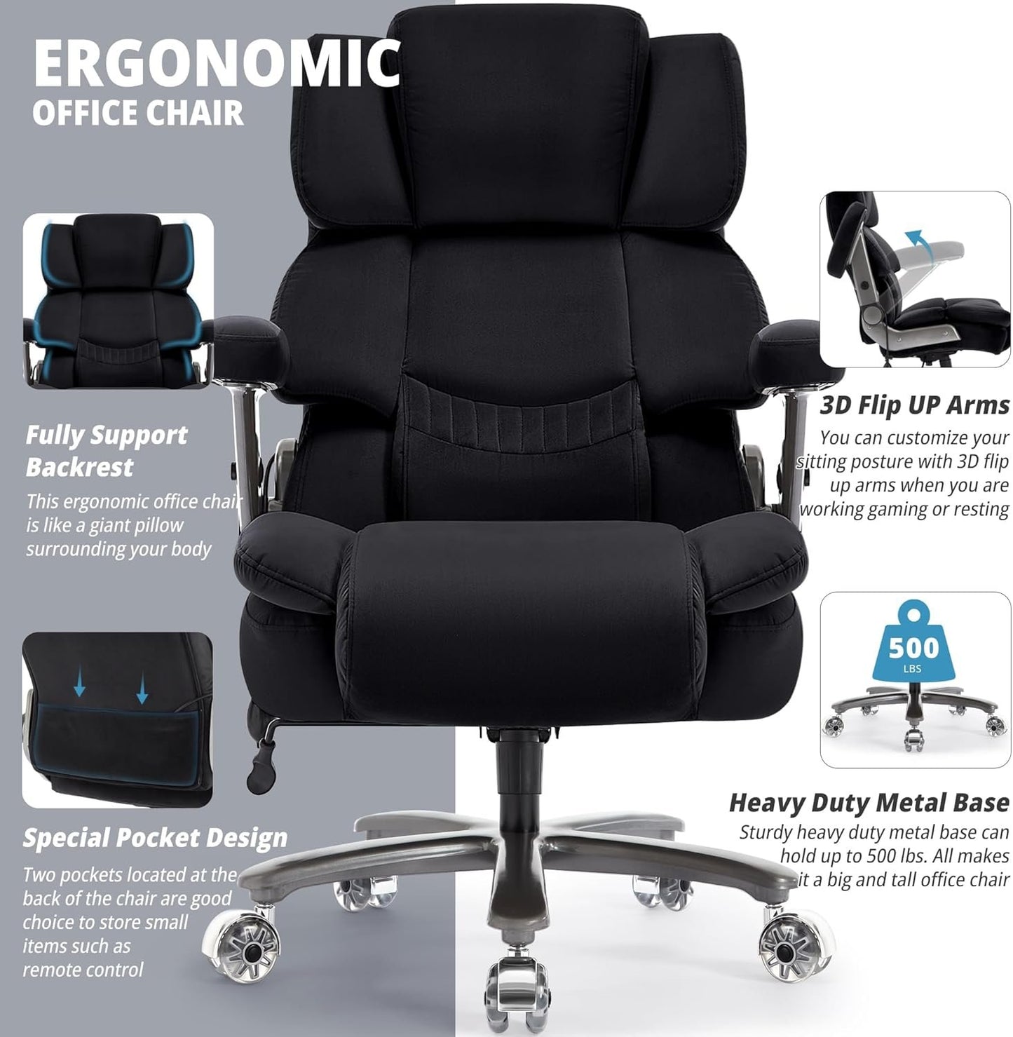 Big and Tall Office Chair 500lbs- Fabric High Back Desk Chair with Adjustable Lumbar Support 3D Flip Arms Plus Size Rubber Wheels- Large Executive Computer Chair, Extra Wide Seat, Ergonomic Design