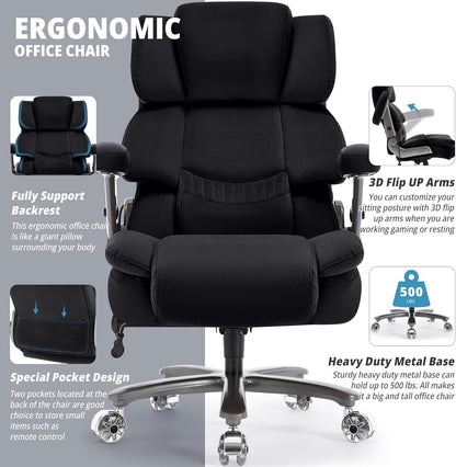 Big and Tall Office Chair 500lbs- Fabric High Back Desk Chair with Adjustable Lumbar Support 3D Flip Arms Plus Size Rubber Wheels- Large Executive Computer Chair, Extra Wide Seat, Ergonomic Design