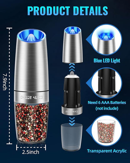 Gravity Electric Pepper and Salt Grinder Set, Salt and Pepper Mill & Adjustable Coarseness, Battery Powered with LED Light, One Hand Automatic Operation, Stainless Steel (Set/Silver)