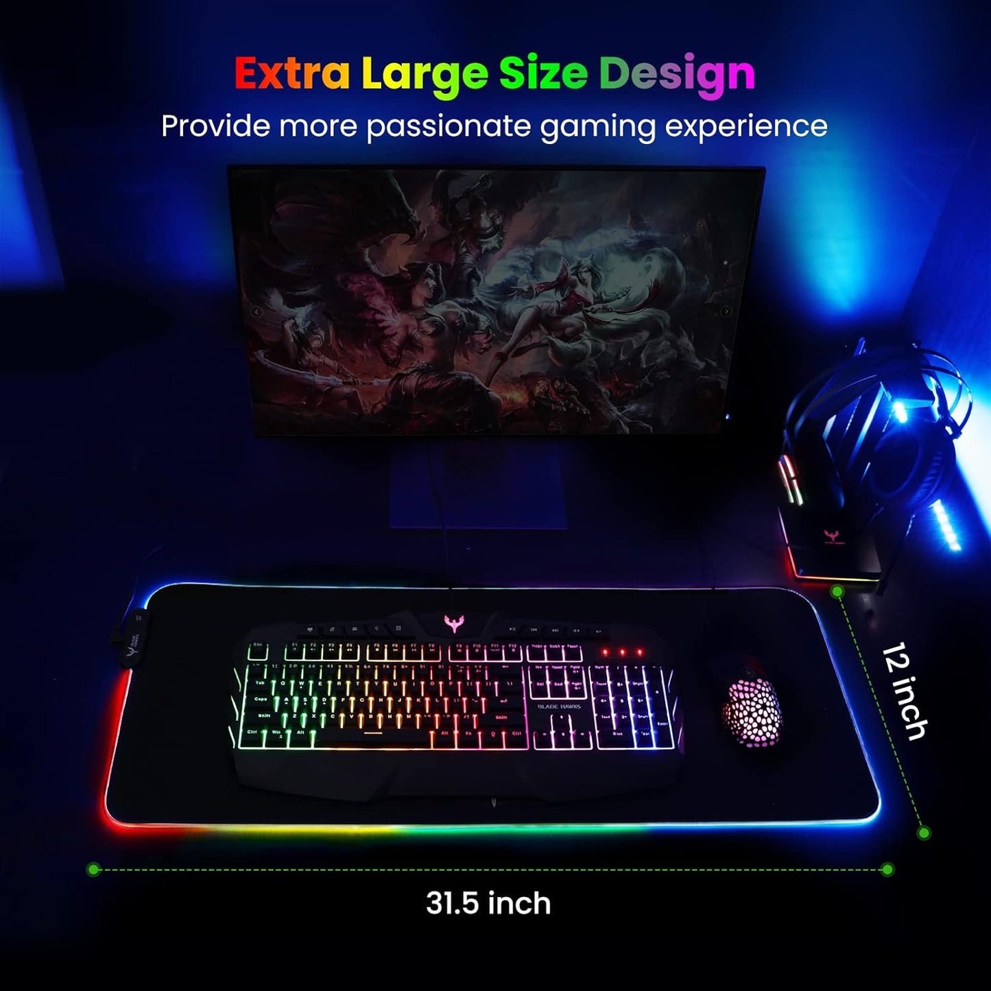 Blade Hawks Extra Large RGB Gaming Mouse Pad, Extended Soft LED Mouse Pad, Anti-Slip Rubber Base, Computer Keyboard Mousepad Mat (31.5 x 12 Inch)