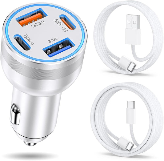 4 in 1 65W USB C Car Charger, 4-Port Fast Charging Type C Car Charger for Multiple Devices, Cigarette Lighter Adapter, USBC Car Power Adapter with 2Pack Carplay Cable for iPhone 16/15 Pro Max, Samsung
