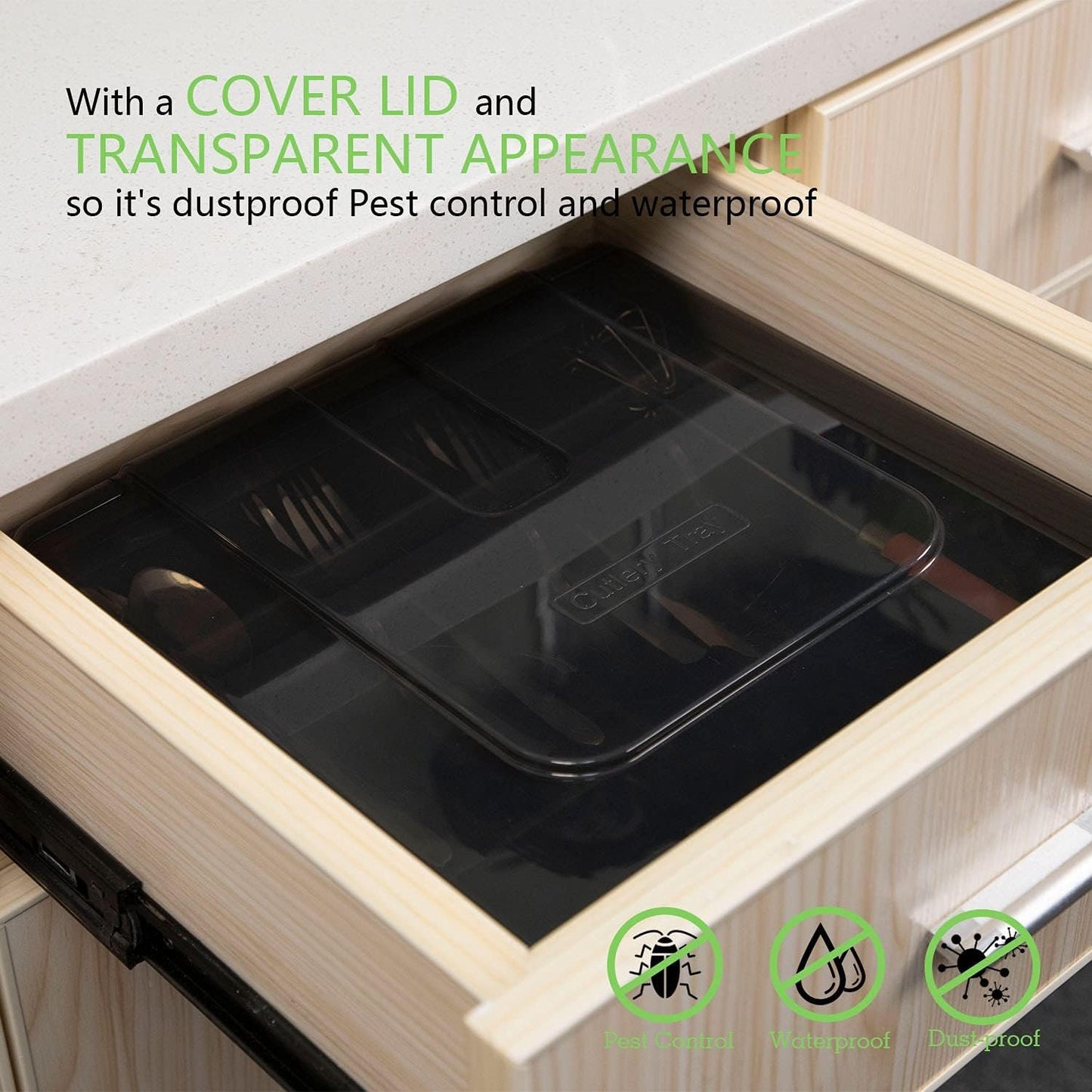 QINOL Cutlery Organizer with Lid, Kitchen Drawer Organizer Plastic kitchen Utensil Organizer 5 Compartments for Cutlery Forks Spoons Knives, Large Cutlery Tray Drawer Organizer 12x12x2.7 Inch Black
