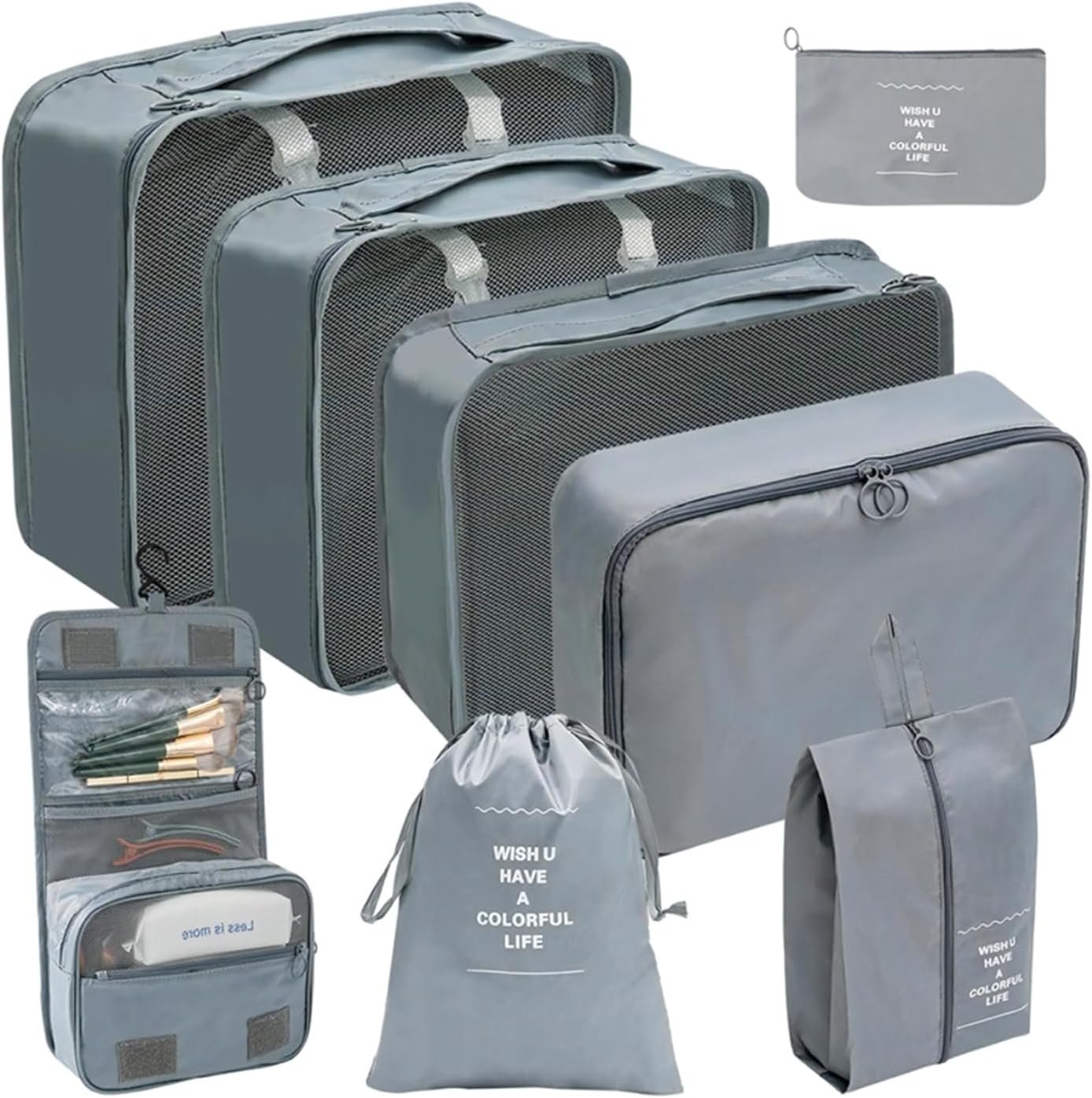 8 Pcs Travel Packing Cubes Set with Shoe & Electronics Bags, Breathable Water-Resistant Mesh Suitcase Organizers, Lightweight Luggage Accessories for Family-Camping Trips (Grey)