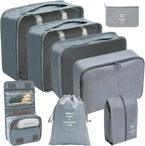 8 Pcs Travel Packing Cubes Set with Shoe & Electronics Bags, Breathable Water-Resistant Mesh Suitcase Organizers, Lightweight Luggage Accessories for Family-Camping Trips (Grey)