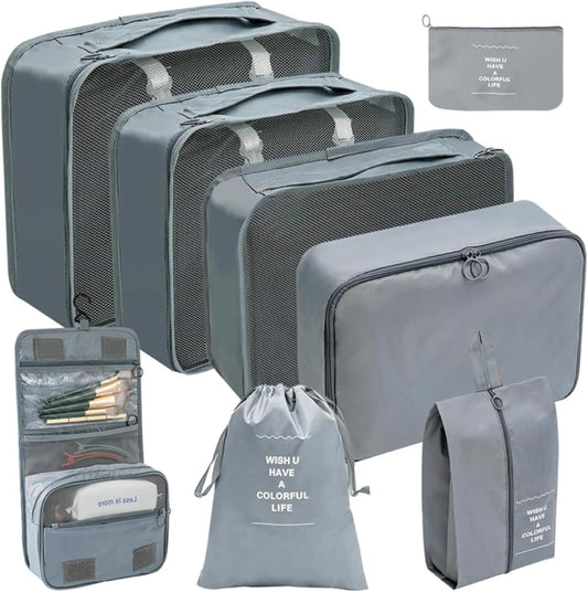 8 Pcs Travel Packing Cubes Set with Shoe & Electronics Bags, Breathable Water-Resistant Mesh Suitcase Organizers, Lightweight Luggage Accessories for Family-Camping Trips (Grey)