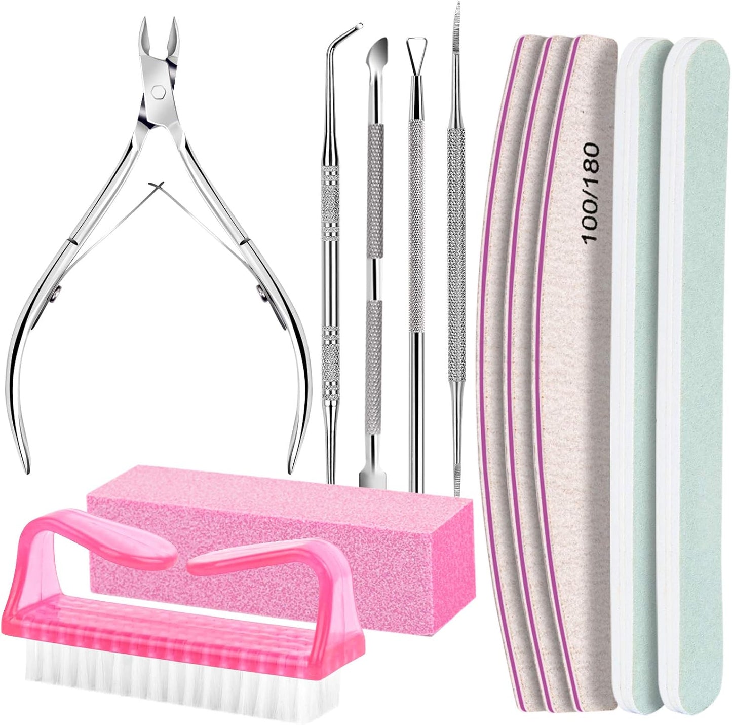 FANDAMEI Nail Care Tool Kit, Nail Files 100/180, Buffer Block, Cuticle Nippers, Cuticle Pusher, Cuticle Peeler, Nail Lifter for Ingrown Toenails, Toenail File, Nail Brush, for Manicure and Pedicure