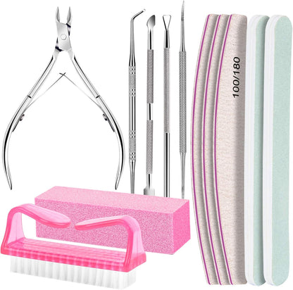 FANDAMEI Nail Care Tool Kit, Nail Files 100/180, Buffer Block, Cuticle Nippers, Cuticle Pusher, Cuticle Peeler, Nail Lifter for Ingrown Toenails, Toenail File, Nail Brush, for Manicure and Pedicure