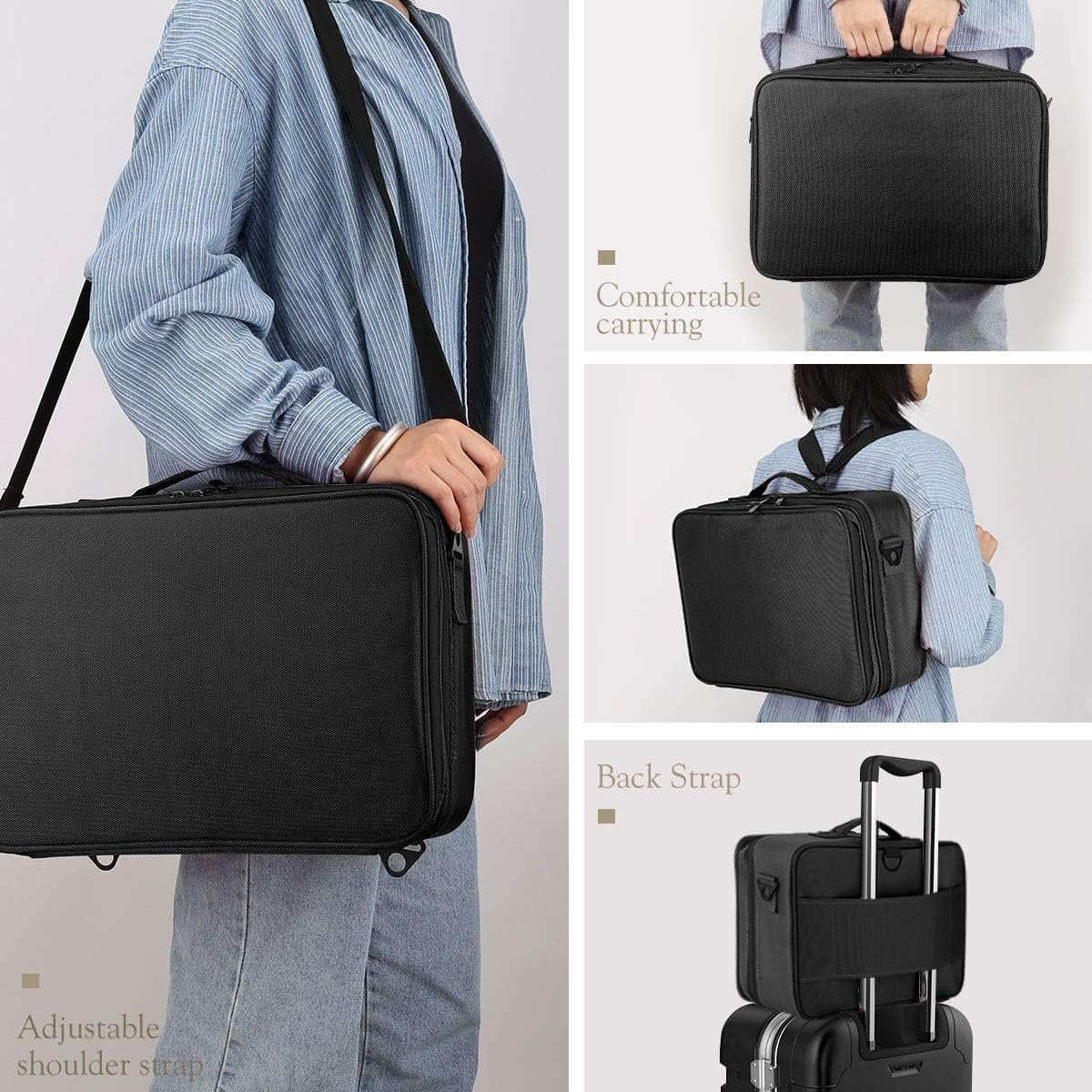 Luxspire Travel Makeup Bag Cosmetic Case, 3 Layer Large Professional Makeup Travel Train Case, Large Portable Makeup Brush Holder Organizer Artist Storage Bag with Shoulder Strap Mirror, Black