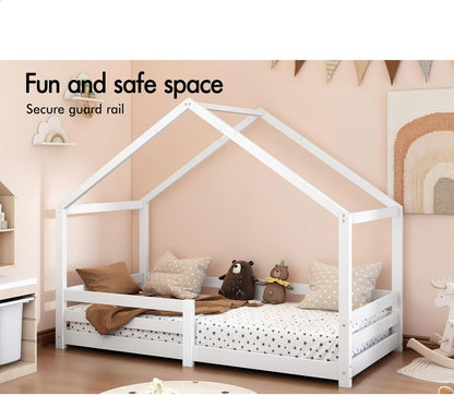 ALFORDSON Kids Bed Frame Wooden Timber House Frame Single Size Mattress Base Platform, Pine Wood Bed Base Foundation Children's Beds, Nellie Series Bedroom Furniture in White Colour