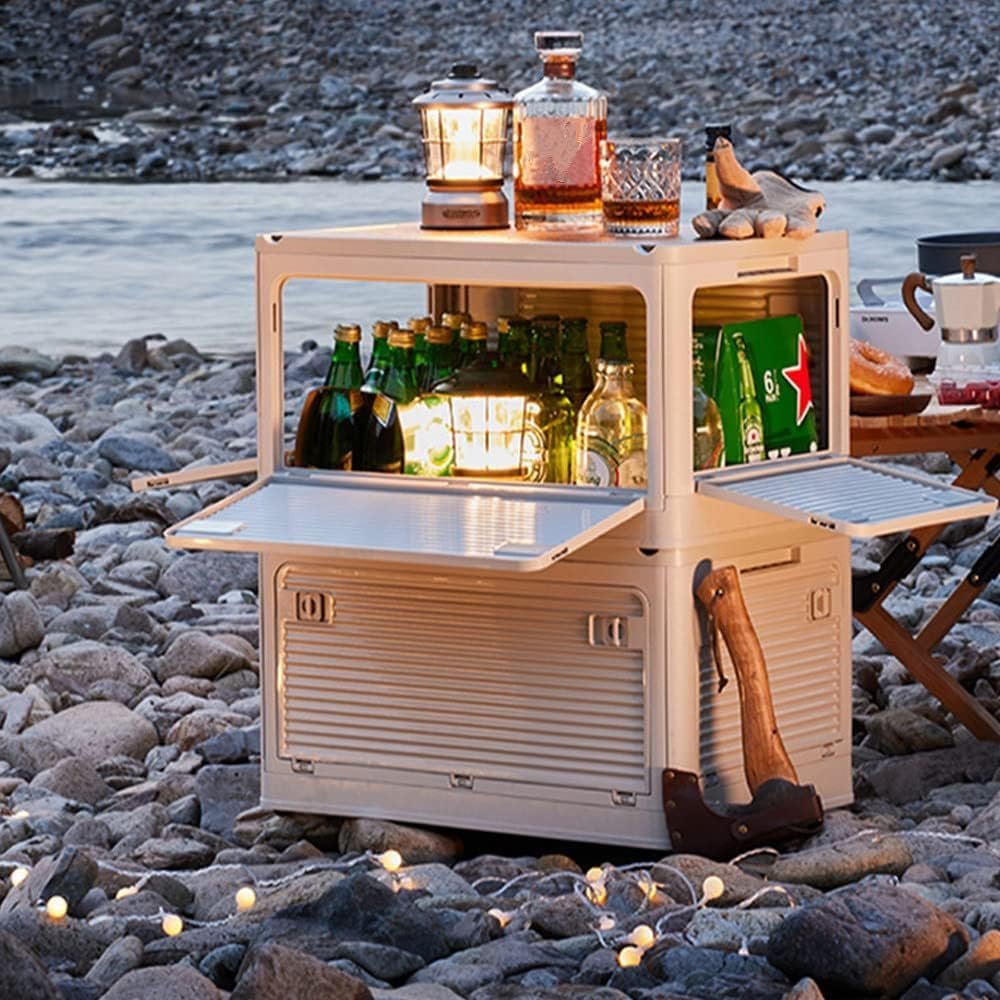 Radefasun Foldable Storage Bins with Wood Lids Plastic Collapsible Storage Box with Cutting Board Portable Stackable Grocery Books Container Folding Latching Storage Crate with Removable Pulley (S)