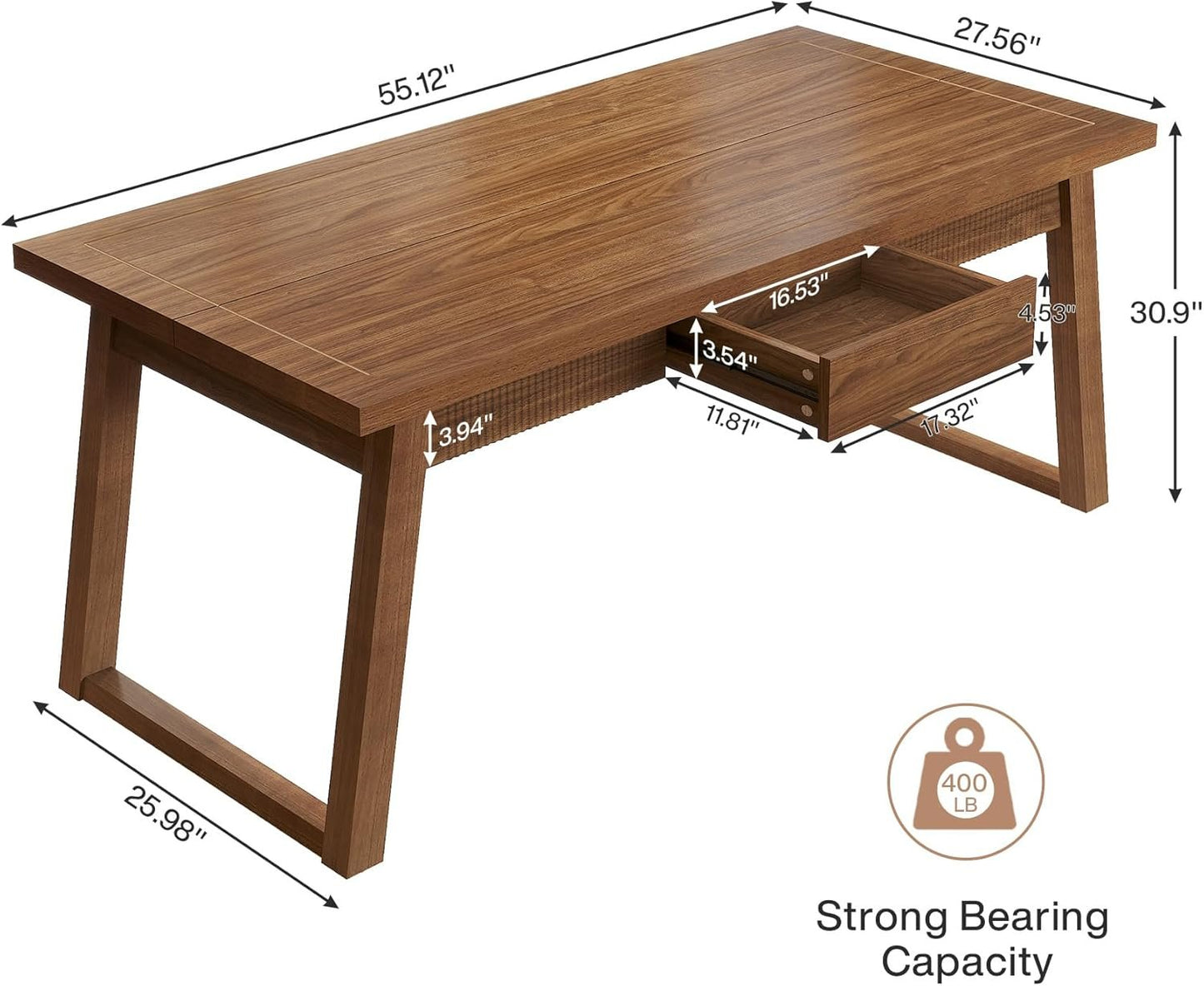 Tribesigns 55'' Dining Table with Storage Drawer, Rectangular Dinner Kitchen Table with Solid Wood Legs for 4-6 People, Mid-Century Modern Desk for Dining Room, Walnut Brown