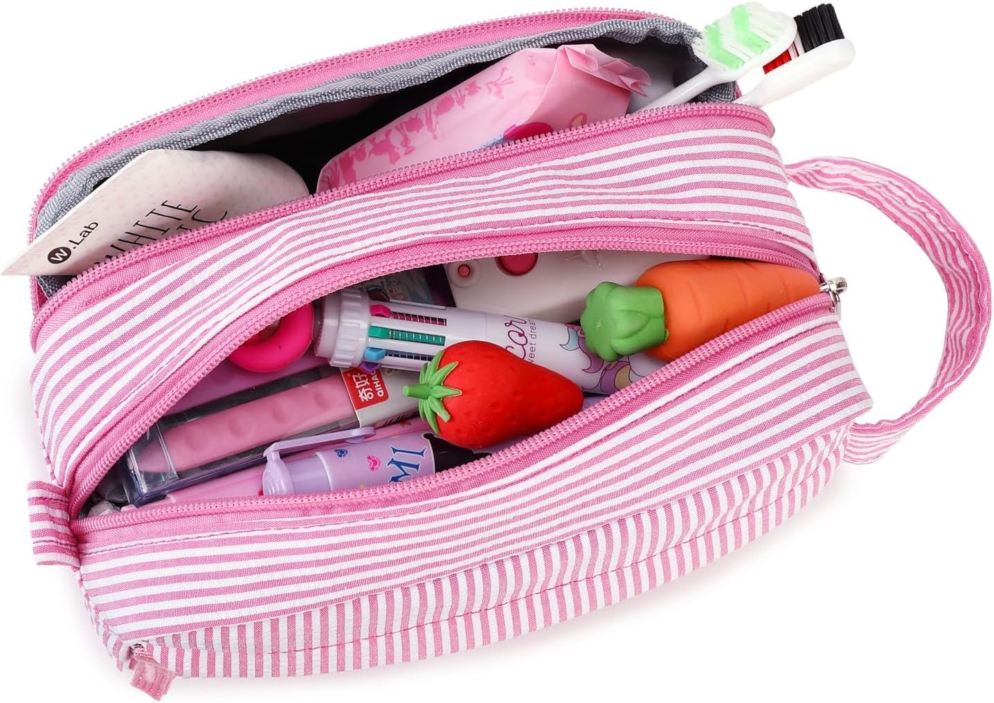 CAMTOP Travel Toiletry Bag for Kids Cute Toiletry Bags for Boys Girls Waterproof for Toiletries Accessories Bathroom Stuff, Strip Pink, Toiletry Bag