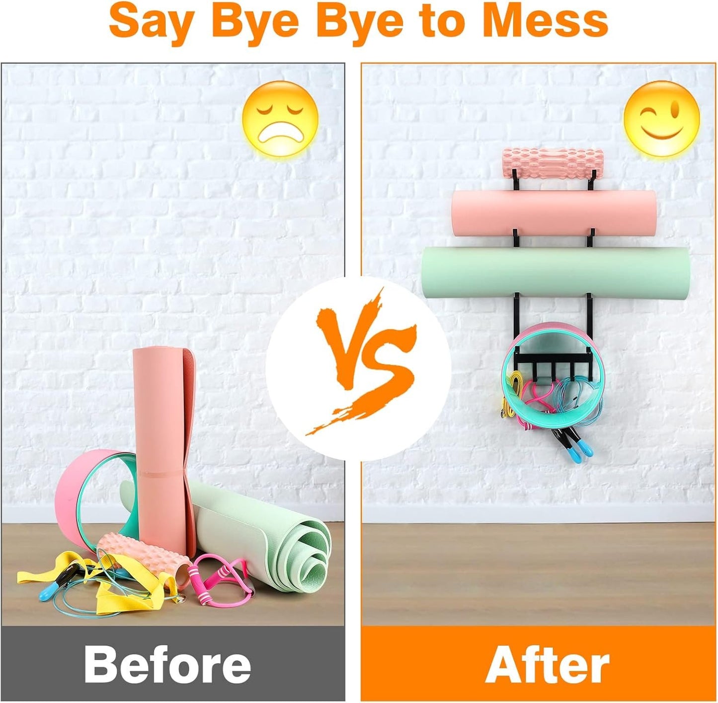 YiSeyruo Yoga Mat Holder Wall Mount: Yoga Mat Home Storage Organizer Rack Metal | Foam Roller Holder 4 Sections with 5 Hooks for Hanging Yoga Resistance Bands Equipment Accessories at Home Gym